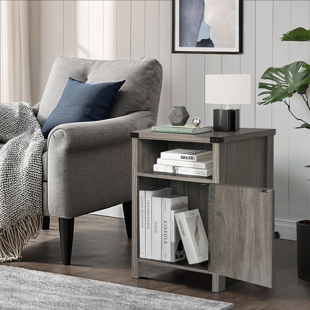 Catrimown Farmhouse End Table, Nightstand Set of 2, Rustic Night Stand with Barn Door and Storage Shelf, Gray End Table, Side Table for Bedroom Living Room, Gray Wash