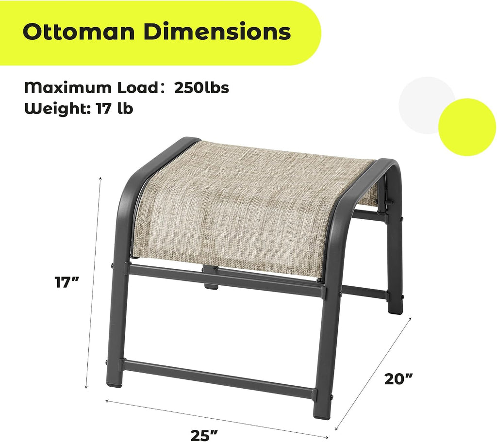 2-Pack Outdoor Textilene Fabric Footstools with Iron Frame - Waterproof Stackable Ottoman Set for Patio Garden and Poolside (Beige)