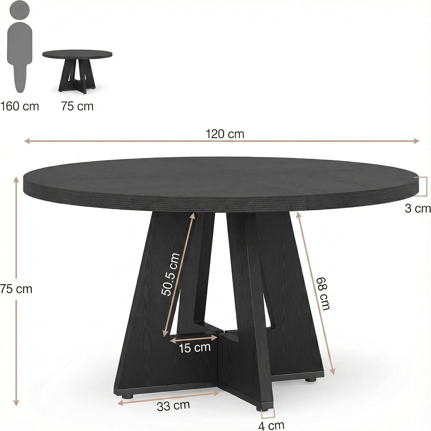 Lailang 47 Inch Dining Table, Small Dining Room Tables, Round Kitchen Tables, Wood Dinner Table, Dining Table for 4, Rustic Farmhouse Table, 47 x 26 x 30 Inch, Black
