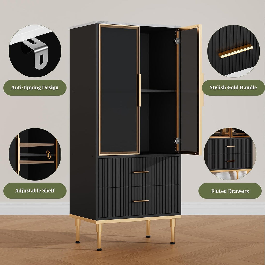 Garvee Fluted Pantry Cabinet with Glass Door and 2 Drawers, Kitchen Pantry Storage Cabinet with Adjustable Shelves, Modern Display Sideboard for Kitchen, Dining Room, Living Room, Black