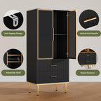 Garvee Fluted Pantry Cabinet with Glass Door and 2 Drawers, Kitchen Pantry Storage Cabinet with Adjustable Shelves, Modern Display Sideboard for Kitchen, Dining Room, Living Room, Black