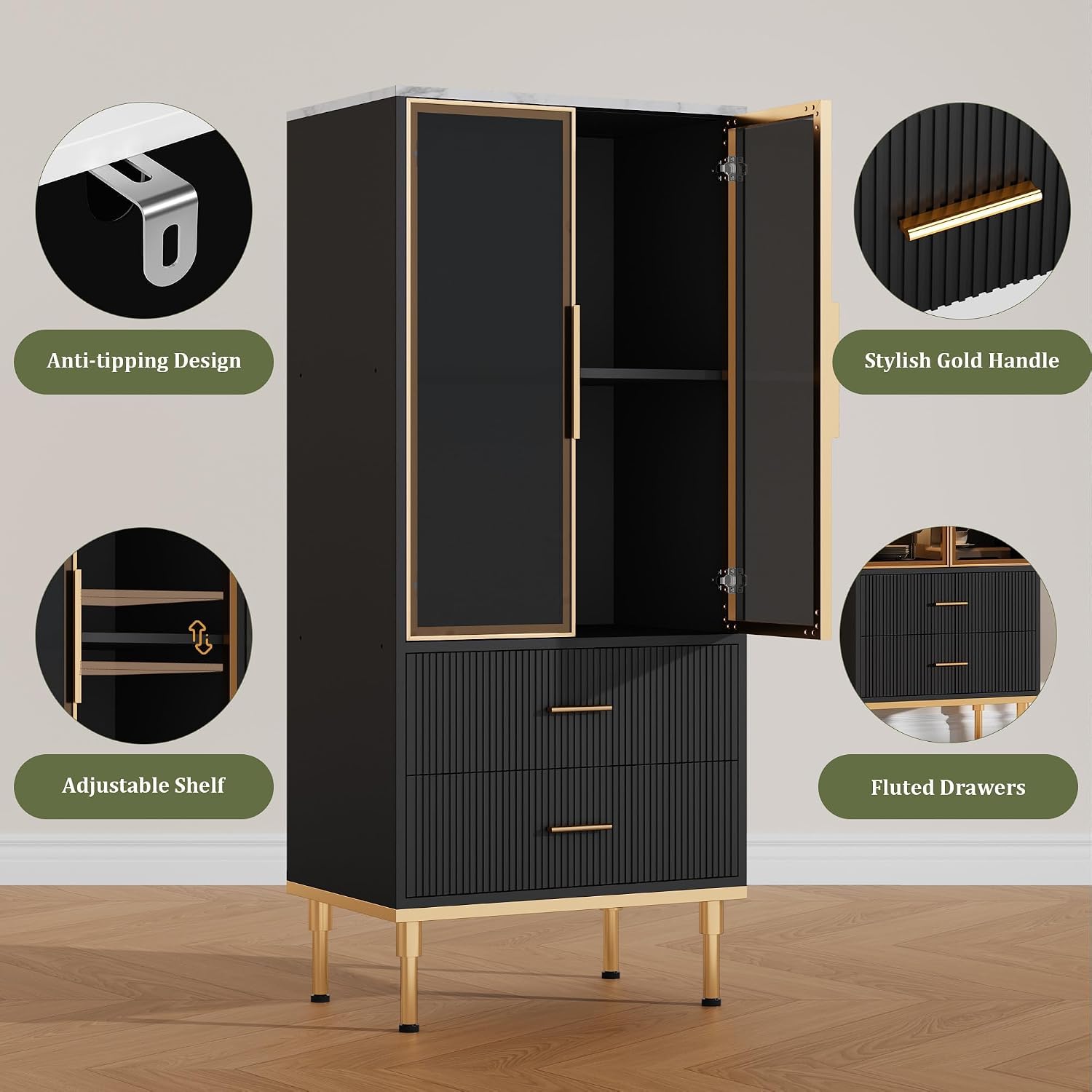 Garvee Fluted Pantry Cabinet with Glass Door and 2 Drawers, Kitchen Pantry Storage Cabinet with Adjustable Shelves, Modern Display Sideboard for Kitchen, Dining Room, Living Room, Black