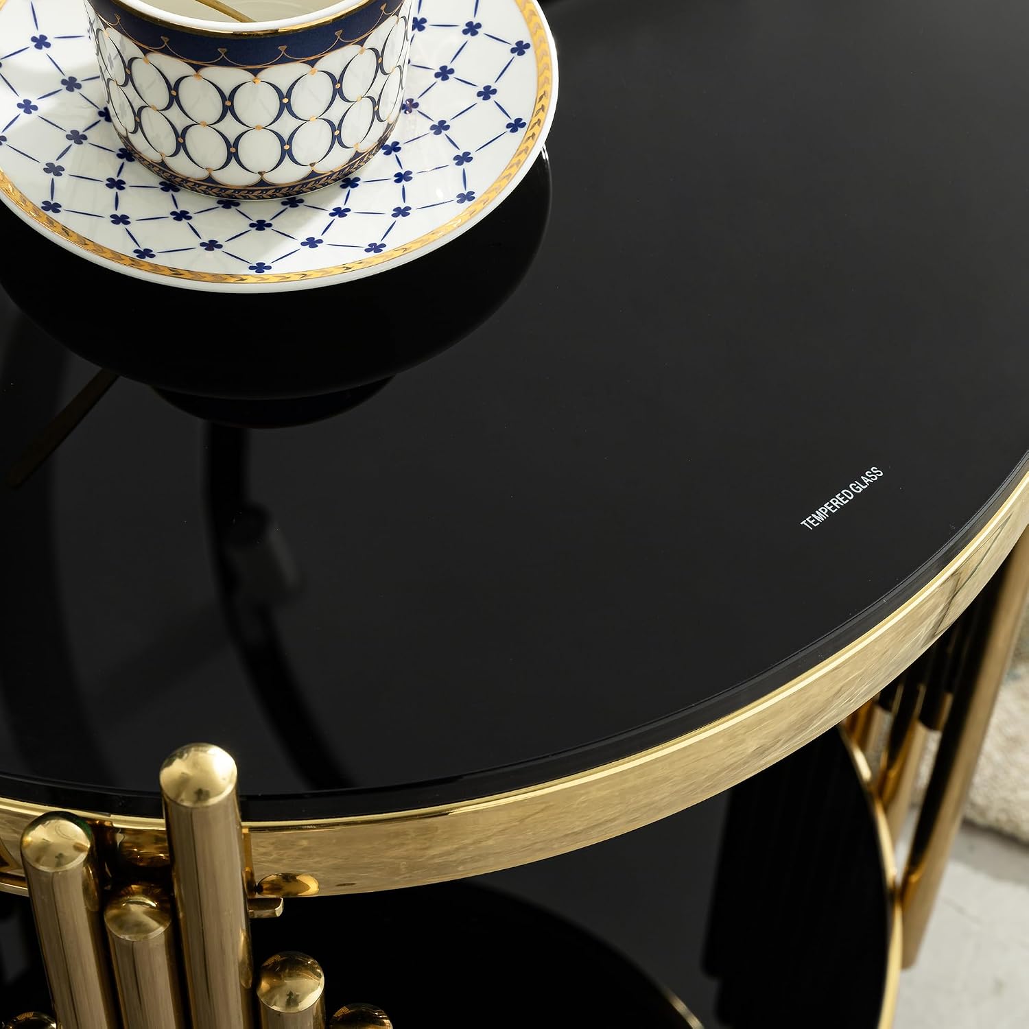17.72'' Tempered Glass Side Table for Living Room, 2-Tier Modern Circle End Table, Glass Tabletop & Stainless Steel Frame, Easy Assembly, Black & Gold