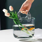 Glass Vase with Elegant Purse Design, Hand Purse vase with Fish Bowl, Unique Flower Vase with Handle and Bubbles - for Home Decor/Office/Garden/Wedding Decor/Enterpiece/Events(Transparent)