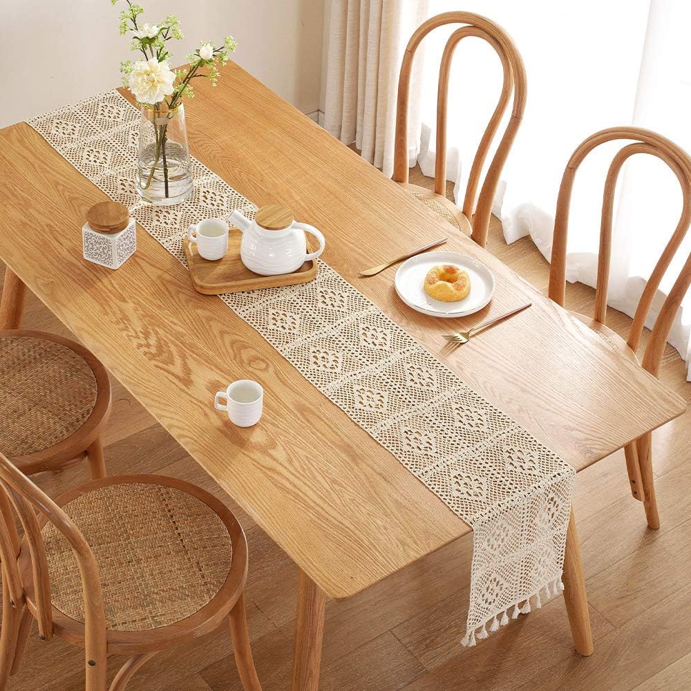 Crochet Macrame Beige Boho Table Runner in 87 inches with Tufted Tassel Handmade Vintage Floral Wedding Lace Table Runner Bohemian Farmhouse Holiday Home Deco