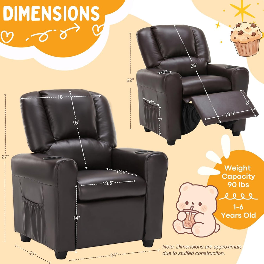 Candy Kids Reclining Chair Leather Recliner Sofa Push Back Toddler Youth Children Child Ages 1-6