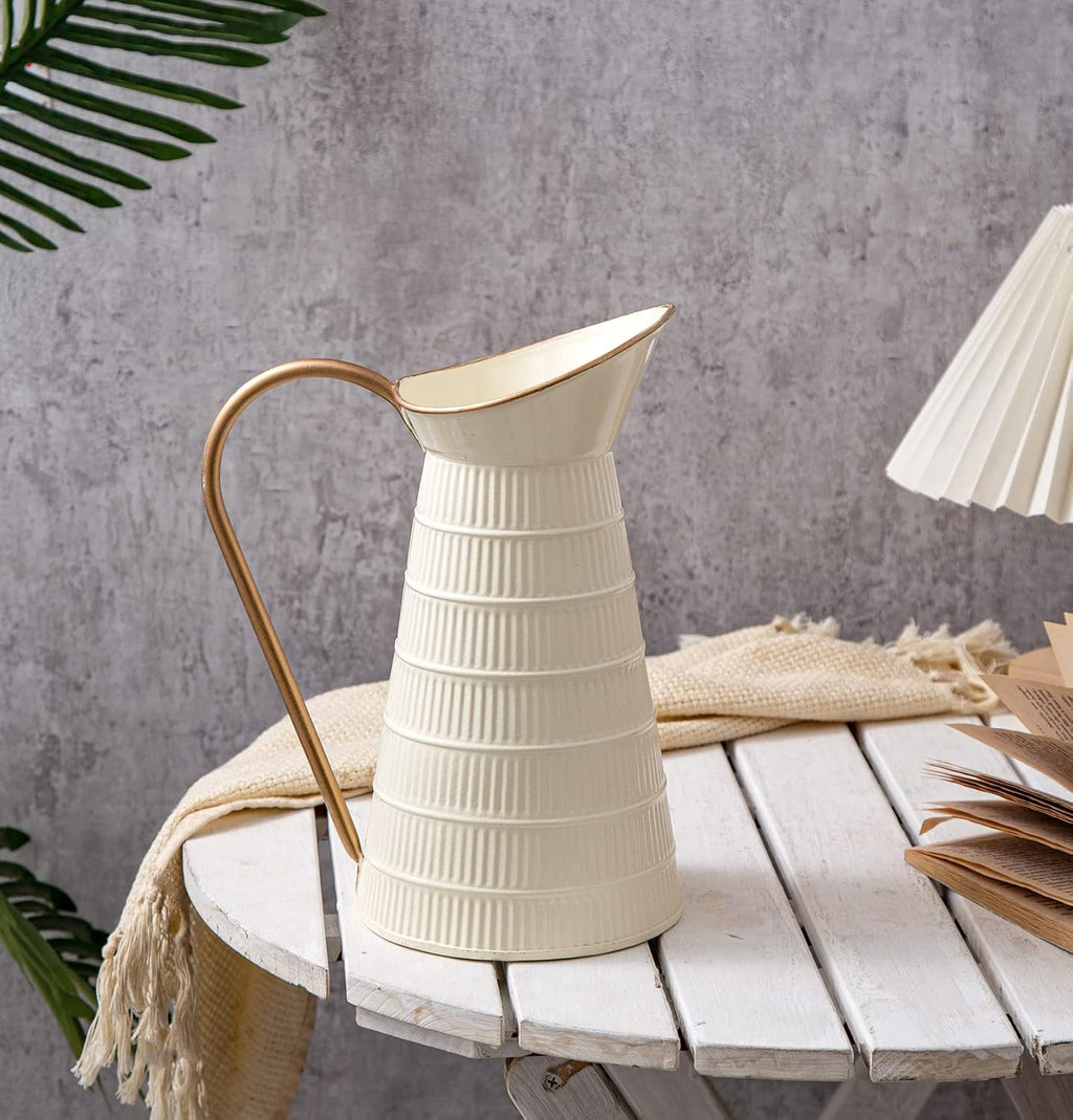 Elegant Cream/White Metal Pitcher Vase, Farmhouse Galvanized Flower Vase, Rustic Decorative Milk Jug for Home Decor, 10.8''H