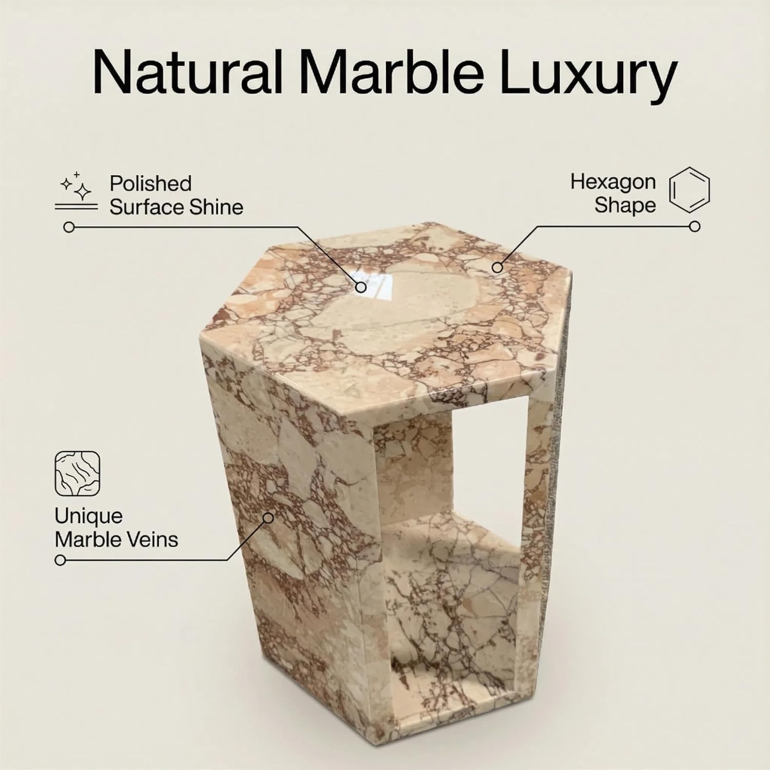 Modern Pink Natural Marble Side Table,Hexagon Accent Tables for Small Spaces,Luxury Real Marble End Table,Solid Stone Accent Tables Living Room,Nightstand