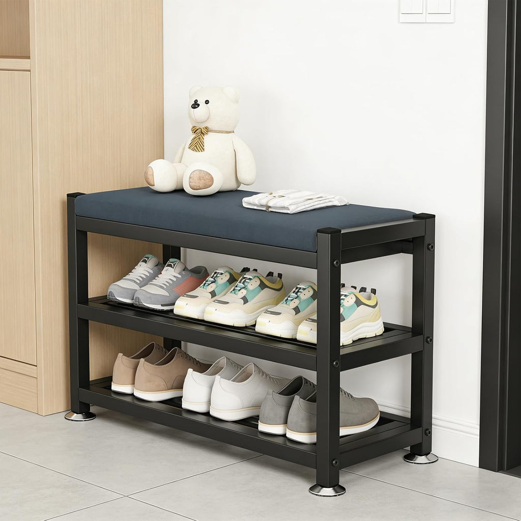 2-Tier Shoe Bench with Padded Cushion, 12-Pair Entryway Storage with Sturdy Metal Frame, Space-Saving Shoe Rack with Seat, Gray, 31.9x12x19.3 Inches