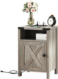 Fameill Farmhouse End Tables with Charging Station, Nightstand with Barn Door and Shelf, Rustic Living Room Bedroom Side Table, Wash Grey