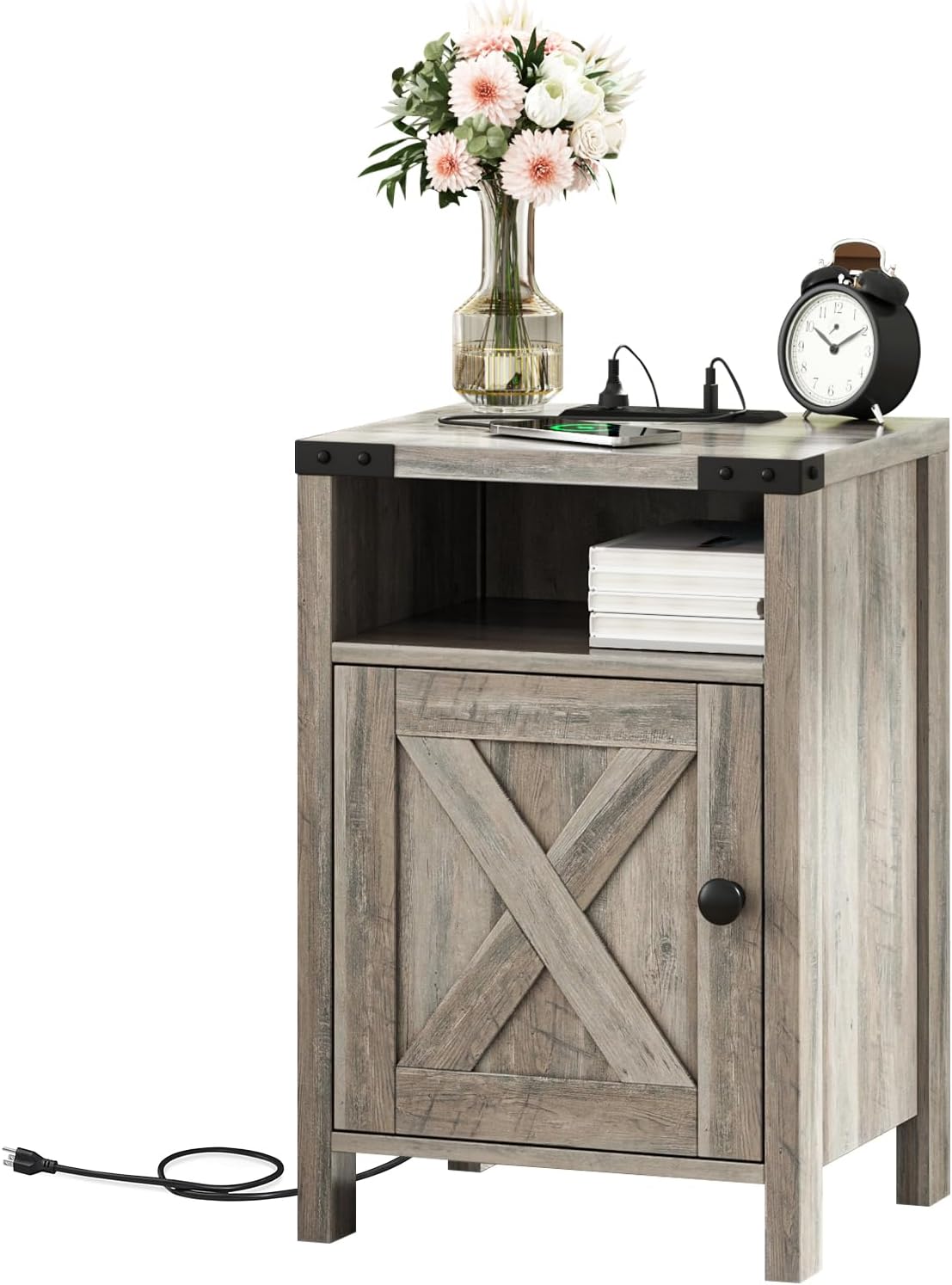 Fameill Farmhouse End Tables with Charging Station, Nightstand with Barn Door and Shelf, Rustic Living Room Bedroom Side Table, Wash Grey
