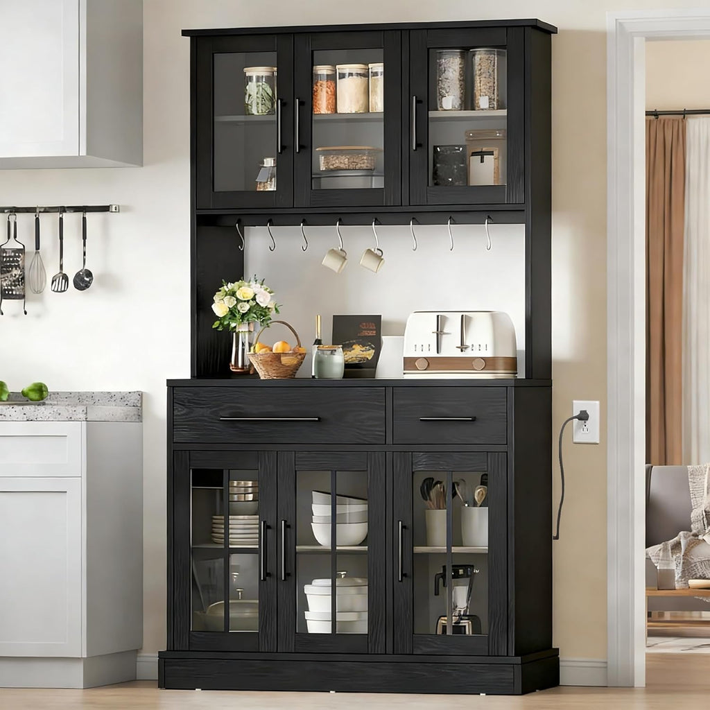 DWVO Kitchen Pantry Storage Cabinet with Microwave Stand, 71'' Tall Kitchen Hutch Cabinets with Power Outlet, Modern Food Pantry Hutch with Drawers ＆ Shelves for Home, Pack of 1, Black