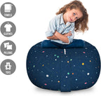 Lunarable Outer Space Storage Toy Bag Chair, Solar System Themed Cartoon Planets Hand Drawn Science Fiction Final Frontier, Stuffed Animal Organizer Washable Bag, Large Size, Navy Blue