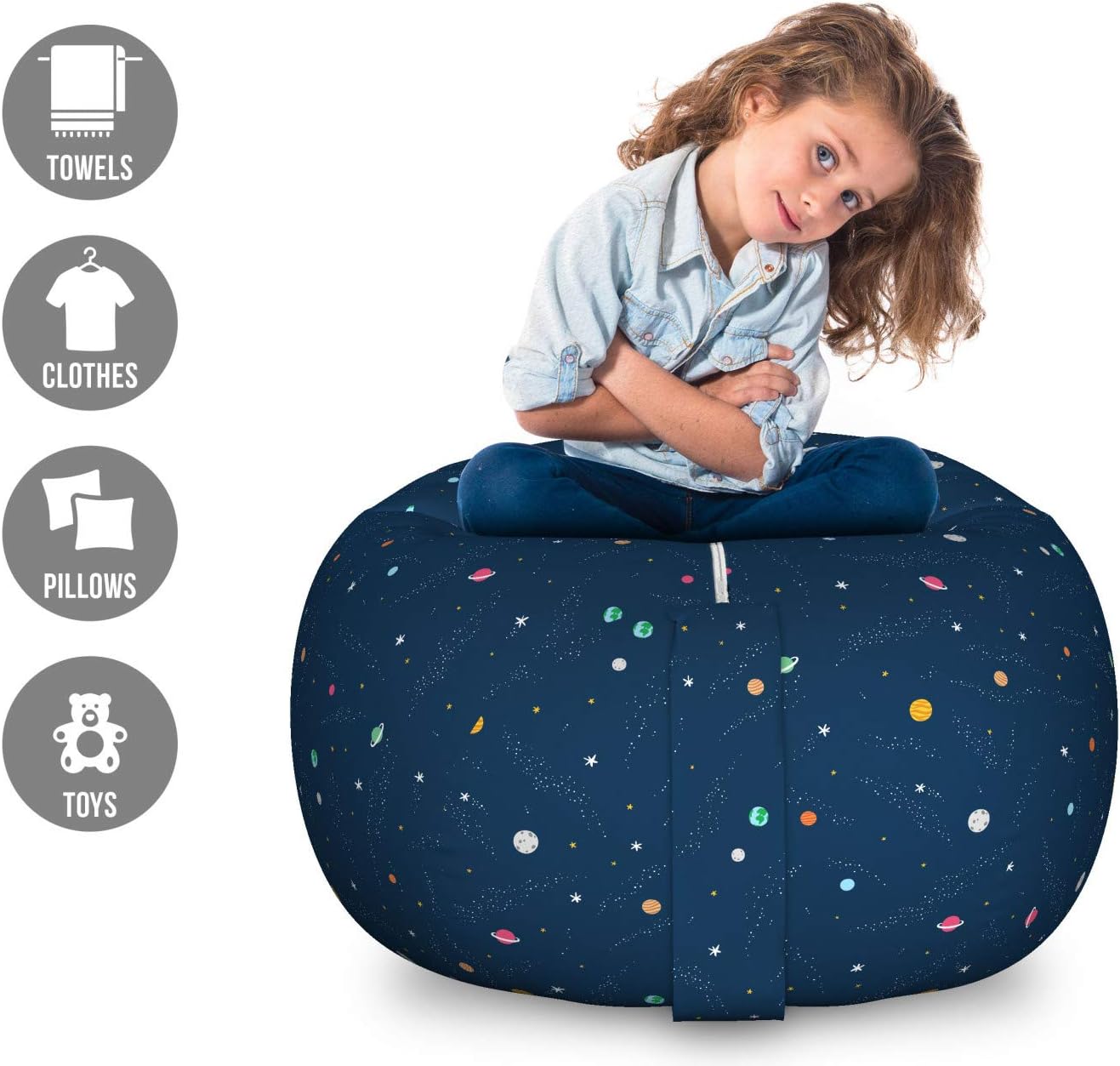 Lunarable Outer Space Storage Toy Bag Chair, Solar System Themed Cartoon Planets Hand Drawn Science Fiction Final Frontier, Stuffed Animal Organizer Washable Bag, Large Size, Navy Blue