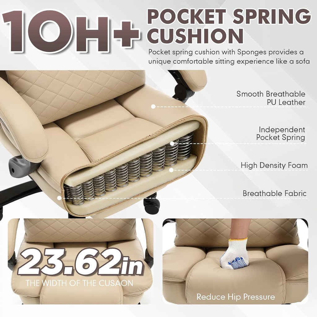 500lbs Plus Size Office Chair with Lumbar Support, PU Leather Big and Tall Heavy Duty Reclining Office Desk Chair with Foot Rest,Beige