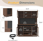 70.9" Tall Kitchen Pantry Cabinet with Outlet & LED Lights, 54.3" Wide Kitchen Storage Cabinet with Wine Rack, Farmhouse Coffee Bar Station with Pegboard, Buffet Sideboard (Brown)