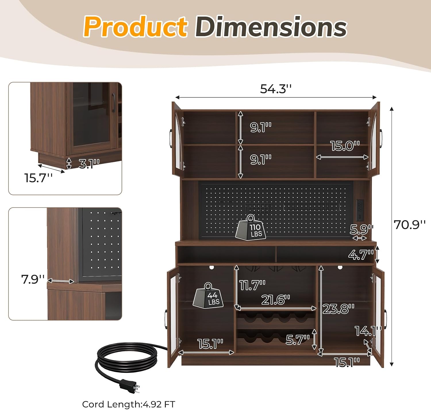 70.9" Tall Kitchen Pantry Cabinet with Outlet & LED Lights, 54.3" Wide Kitchen Storage Cabinet with Wine Rack, Farmhouse Coffee Bar Station with Pegboard, Buffet Sideboard (Brown)