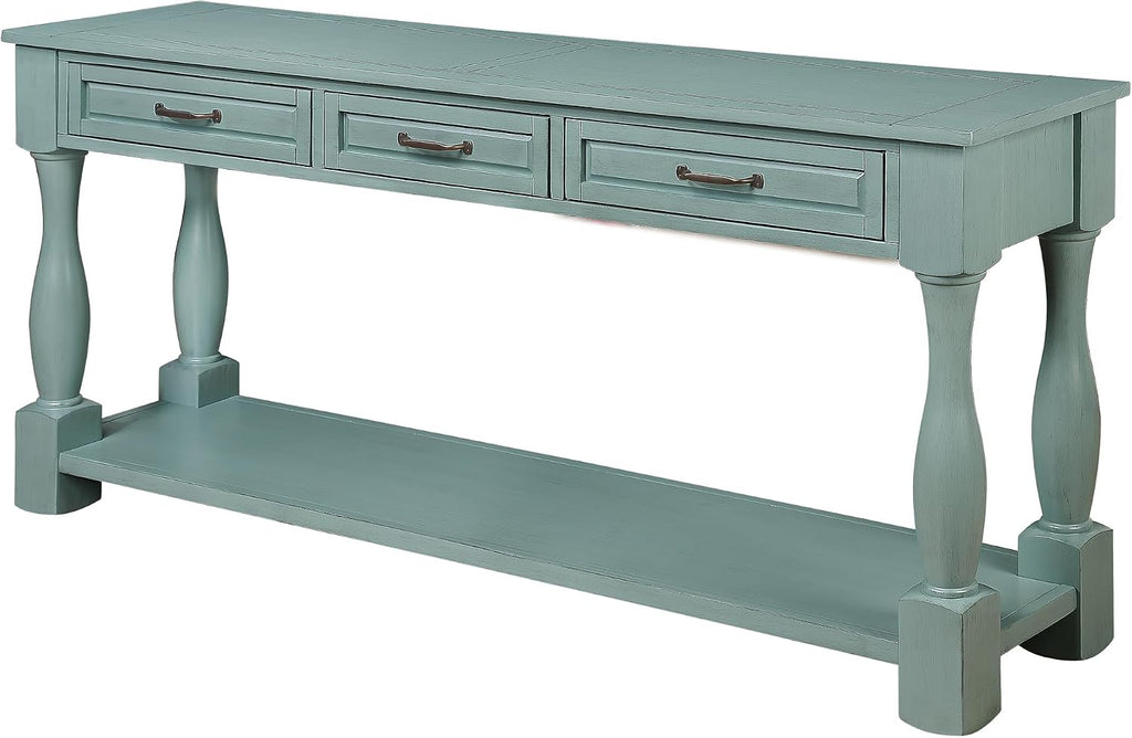 Merax Retro Console Table with 4 Drawers for Entryway, Sofa Table with Open Storage Shelf, Wood Side Table with Thick Legs for Living Room Bedroom, Retro Blue