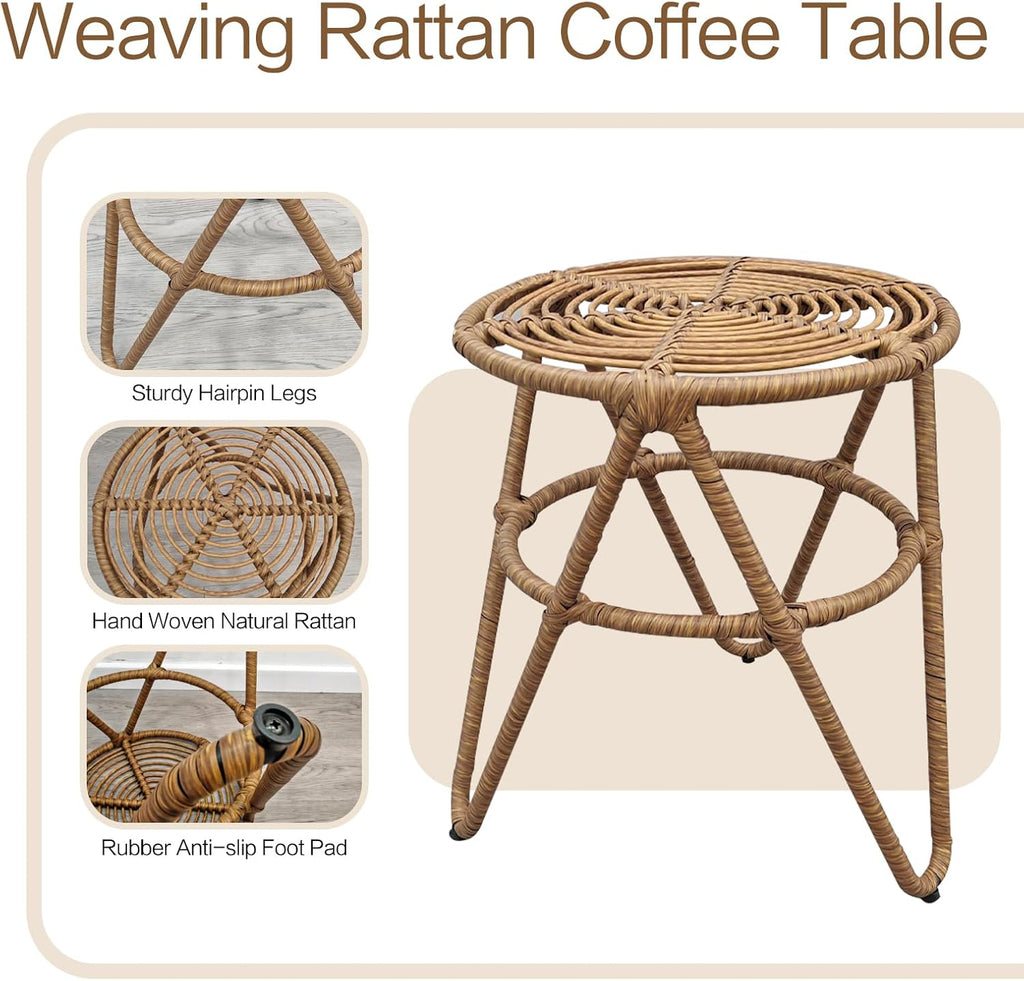 Round Coffee Table Set of 2, Natural Rattan Side Table Boho, Small Mid Century Modern Rattan End Tables for Living Room Bedroom Office Yard Garden Backyard Porch Poolside Balcony Lawn Bistro
