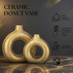 Gold Vase Decor Donut Vase Set of 2 - Circle Hollow Vases, Modern Matte Ceramic Vases for Entryway Living Room Bedroom Dining Table Centerpiece Office Home Decor
