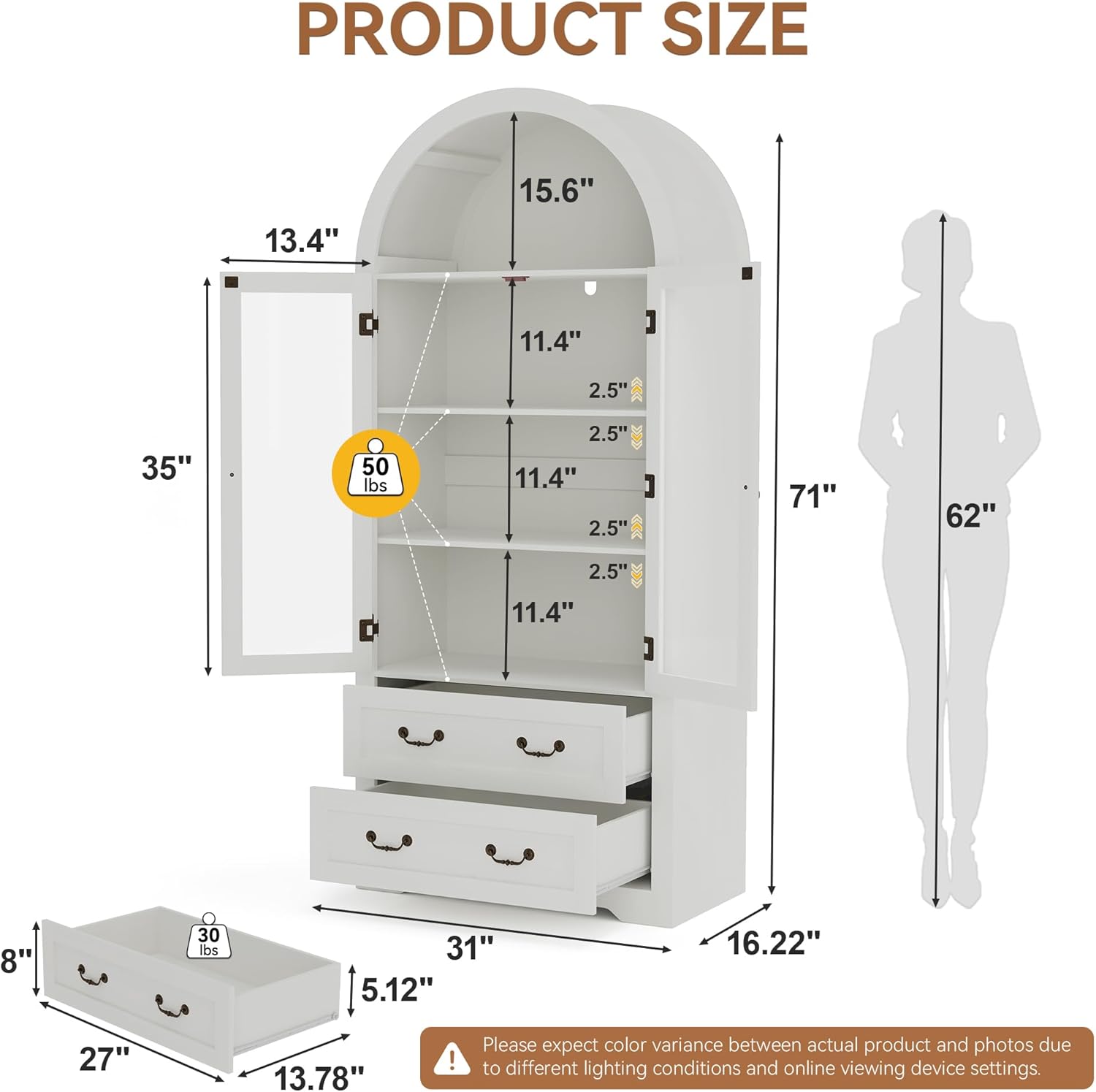71" Tall Arched Kitchen Pantry Cabinet, Farmhouse Modern Wood Arched Cabinets with Glass Doors & 2 Large Drawers, Perfect for Kitchen, Dining Room, Living Room, Bathroom White