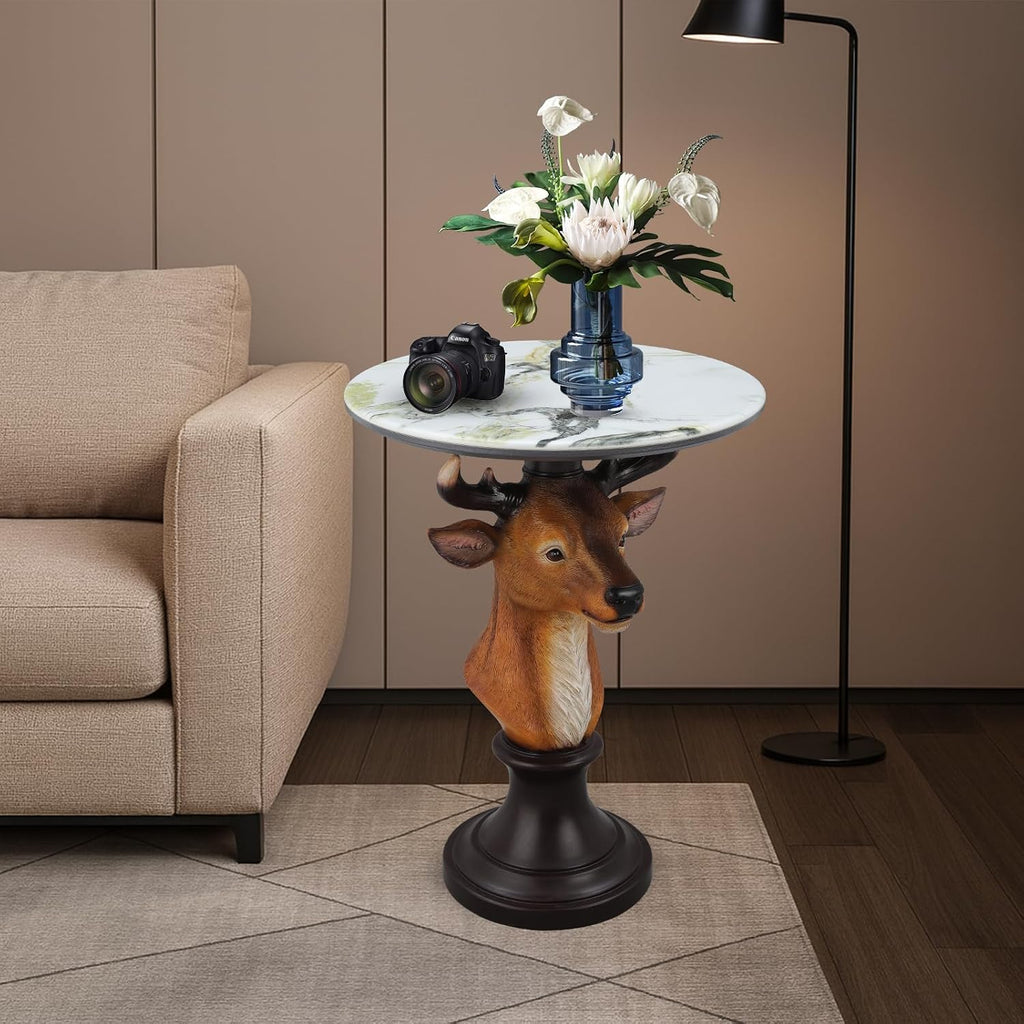 Deer Head Accent Table with Resin Animal Statue, Round Faux Marble End Tables for Living Room, Bedroom or Cabin, Bold Animal-Inspired Decorative Side Tables, Sturdy Accent Furniture for Home Décor