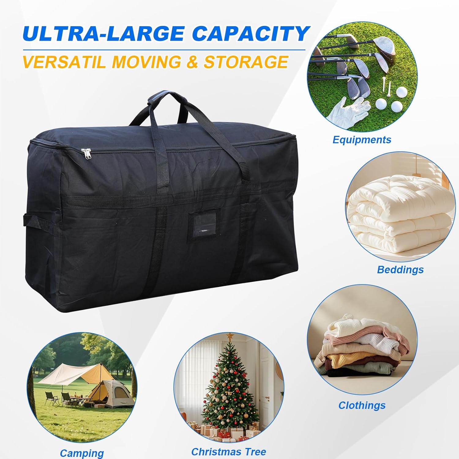 Christmas Tree Storage Bag 4 FT Large Moving Bags with Strong Zipper & Comfortable Handles, Sturdy & Durable Clothes Storage Bags Totes Bins, Black Packing Moving Boxes for College Supplies
