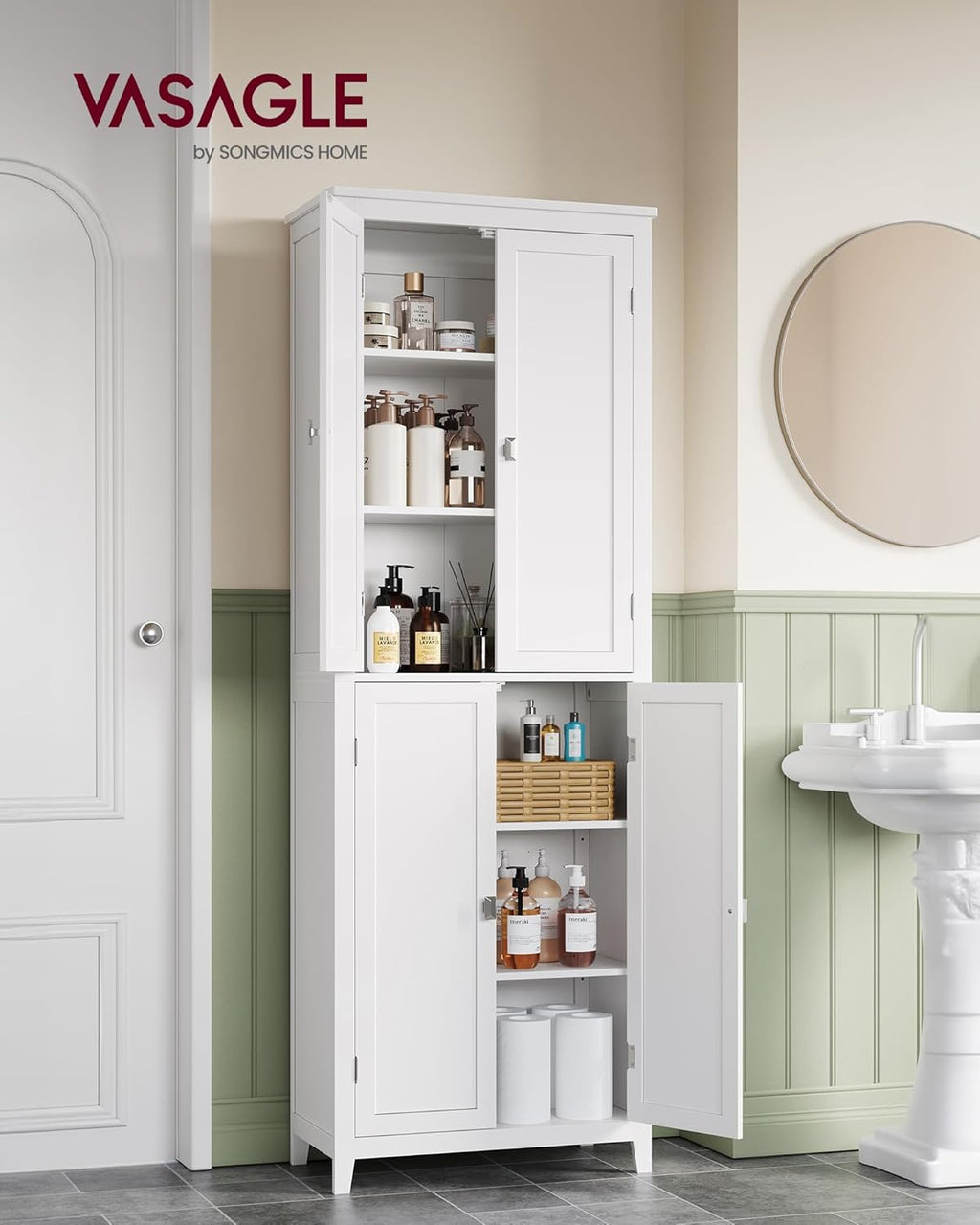 VASAGLE Floor Storage Cabinet, Freestanding Storage Unit with 4 Doors, Adjustable Shelves, 11.8 x 23.6 x 66.9 Inches, for Entryway, Bathroom, Cloud White UBBC550W01