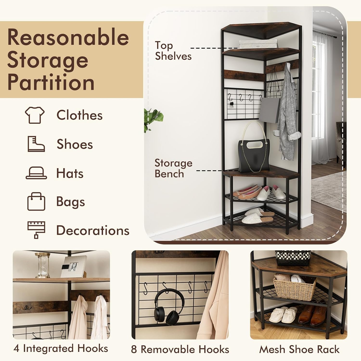 Giantex Corner Hall Tree, 73" Tall Coat Rack w/Shoe Storage Bench, 12 Metal Hooks, 5-Tier Entryway Shoes Shelf Organizer, Freestanding Clothes Rack for Living Room, Bedroom (Rustic Brown & Black)
