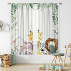 Nursery Curtains Jungle Safari Toddler Theme, Cartoon Animal Lion Elephant Giraffe Palm Leaf Print Rod Pocket Window Drapes for Bedroom Living Room, 2 Panels W52xL84 Inch