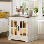 ChooChoo Farmhouse End Table with Charging Station, 24" Large Sofa Side Table with LED, Square Nightstand with Glass Barn Door, Bedside Table with Storage for Living Room, Beige（Cream and Brown