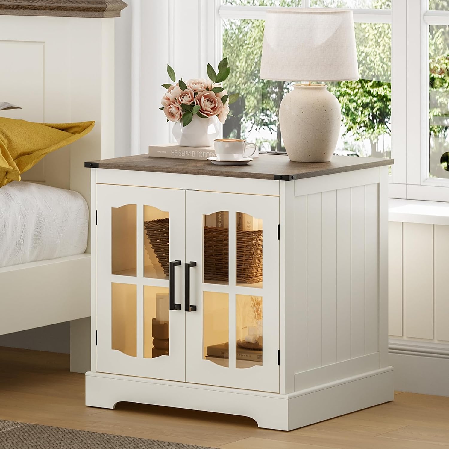 ChooChoo Farmhouse End Table with Charging Station, 24" Large Sofa Side Table with LED, Square Nightstand with Glass Barn Door, Bedside Table with Storage for Living Room, Beige（Cream and Brown