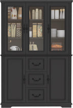 YITAHOME 71" H x 47" W Kitchen Pantry with 3 Drawers, Large Storage Cabinet with 3 Glass Doors & Adjustable Shelves, Freestanding Tall Display China Cabinet for Living & Dining Room, Black