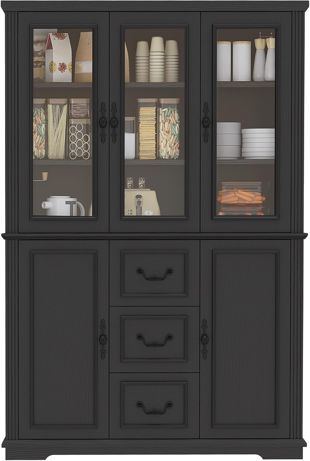 YITAHOME 71" H x 47" W Kitchen Pantry with 3 Drawers, Large Storage Cabinet with 3 Glass Doors & Adjustable Shelves, Freestanding Tall Display China Cabinet for Living & Dining Room, Black