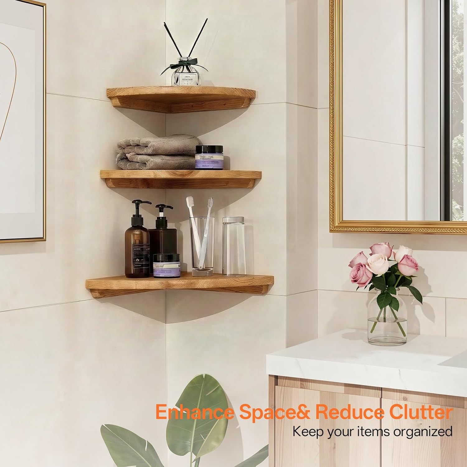 Gieanoo Floating Corner Shelves for Wall Set 2 7inch Solid Oak Rounded Corner Shelves Wall Mounted with Cable Hole Wood Corner Hanging Shelves for Living Room Bedroom Bathroom Kitchen