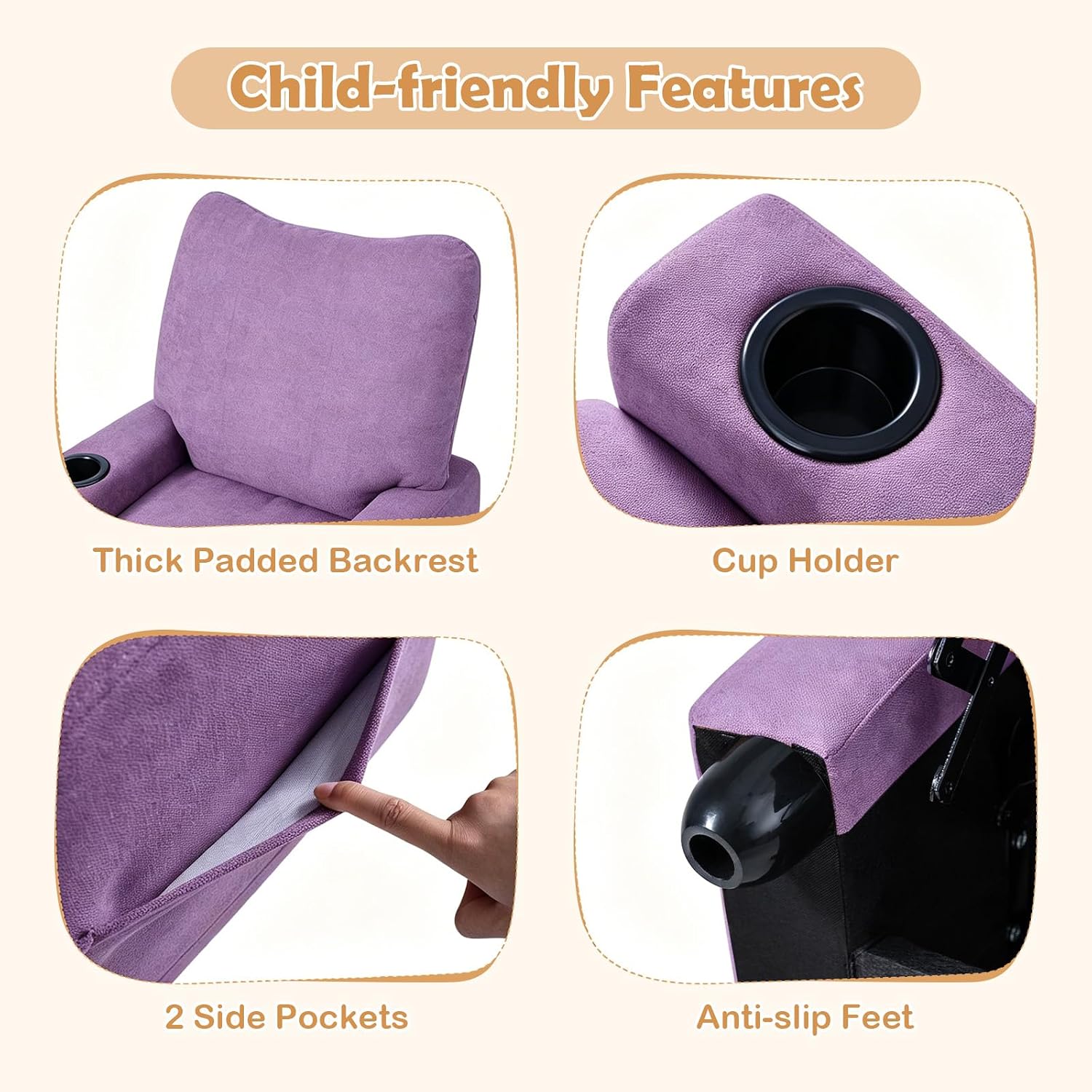 HONEY JOY Kids Recliner with Cup Holder, Chenille Fabric Upholstered Push Back Toddler Sofa w/Storage Pockets, Adjustable Backrest & Footrest, Child Reclining Chair for Ages 3+, Purple