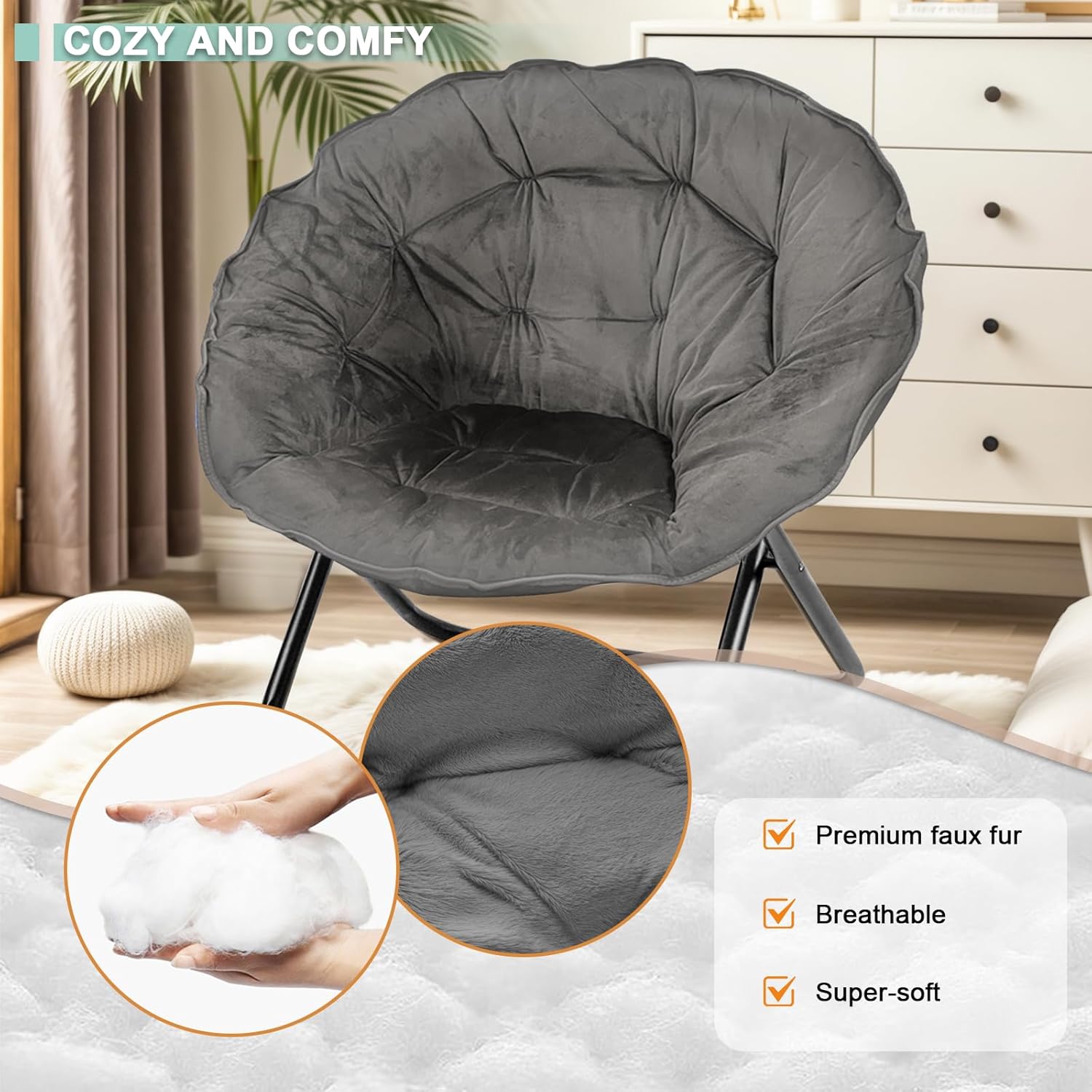 Folding Saucer Chair, Faux Fur Saucer Chairs for Adults Teens, Comfy Moon Chairs with Metal Frame for Bedroom, Living Rooms, Apartments, Camping, Lounging, Garden and Courtyard (Grey)