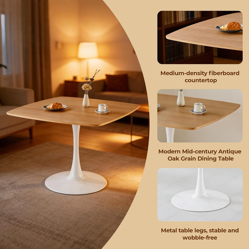 42" Natural Tulip Table, Square Dining Table for 4, Pedestal Table with Metal Base, Mid Century Bistro Table for Kitchen & Small Spaces