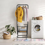 Rolling Laundry Cart with Wheels, Laundry Hamper Basket Organizer with Clothes Hanging Rack, Wire Storage Cloth Shelf Butler, Black