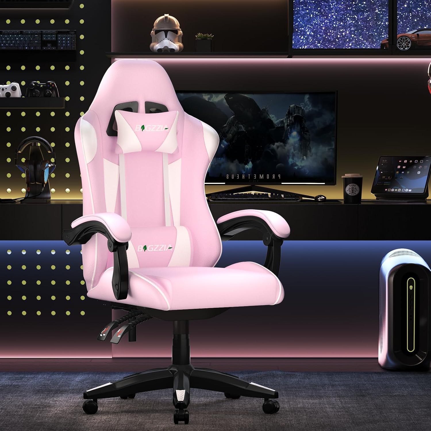Bigzzia Gaming Chair, Ergonomic Video Game Chairs with Pillow and Lumbar Support, Racing Style Height Adjustable Computer Chair with 360°-Swivel Seat for Adults and Teens (Pink)