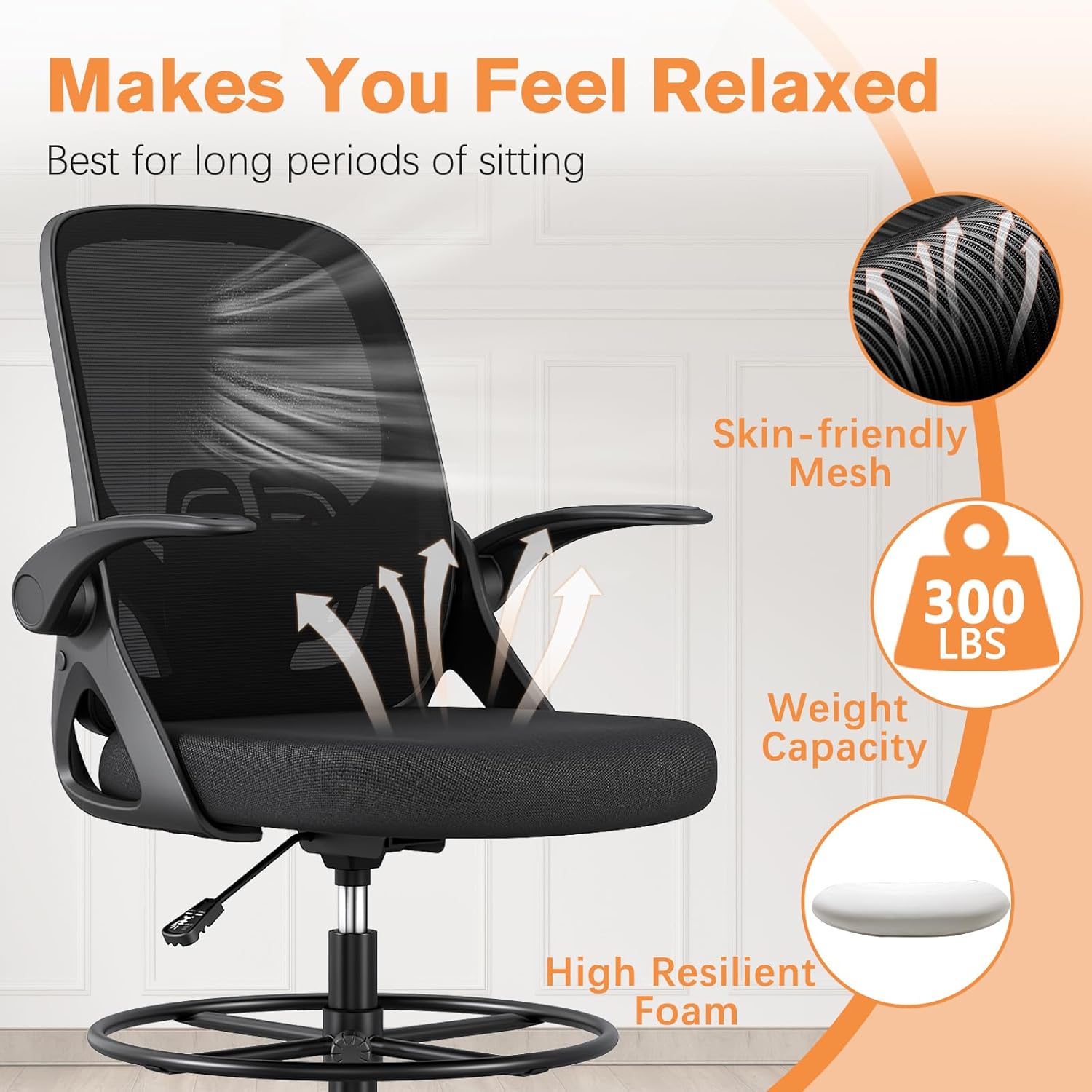 ORRSAKER Drafting Chair, Tall Office Chair with Flip-up Arms, Mesh Ergonomic Computer Standing Desk Chair with Adjustable Height Foot Ring and Lumbar Support, 300 LBS Capacity, Black