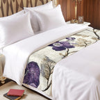 Spring Botanical Bed Runner Bedding Decorative Scarf for Fits Cal King Bed, Watercolor Purple Floral Leaf Vintage Beige Luxury Foot Throw with Satin for Hotels Homes, Guest Rooms, 102" x 20"