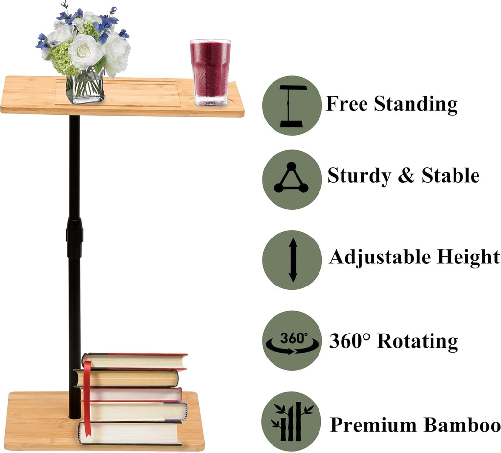 Bamboo Couch Tray Table Height Adjustable C-Shaped End Table with Slots 2 Tier Sofa Side Table for Living Room & Bedroom -Rectangle + Rectangle