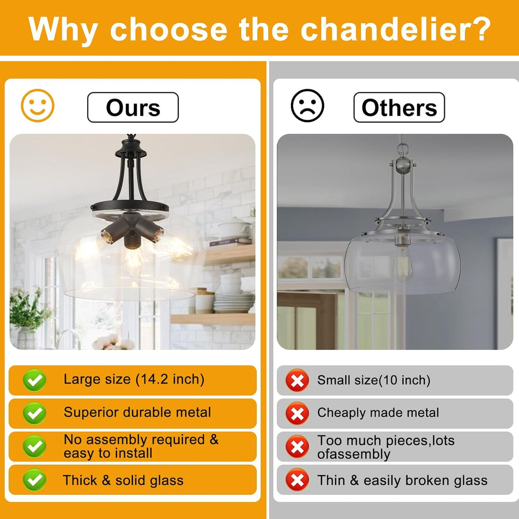 14.2" Modern Pendant Lights Kitchen Island, 3-Light Matte Black Pendant Light Fixtures with Clear Glass Shade, Industrial Hanging Pendant Lights Fixture for Kitchen Island Dining Room Bedroom Entryway