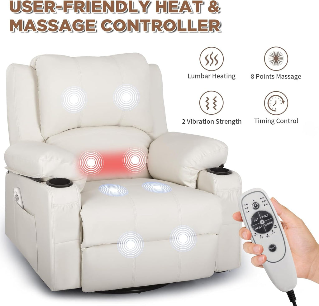 Faux Leather Rocker Recliner with Heat and Massage Cup Holders, Overstuffed Rocking Recliner Swivel Glider Chair for Nursery Heated Massaging Reclining Chair, Cream White