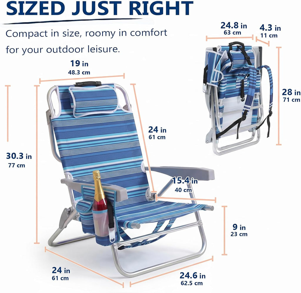 5-Position Aluminum Lay Flat Backpack Beach Chair 2 Pack, Compact Portable Low Beach Chairs for Adults, Beach Chair with Cooler Pouch, Storage Pouch, Towel Bar, Cup Holder, Blue Stripe