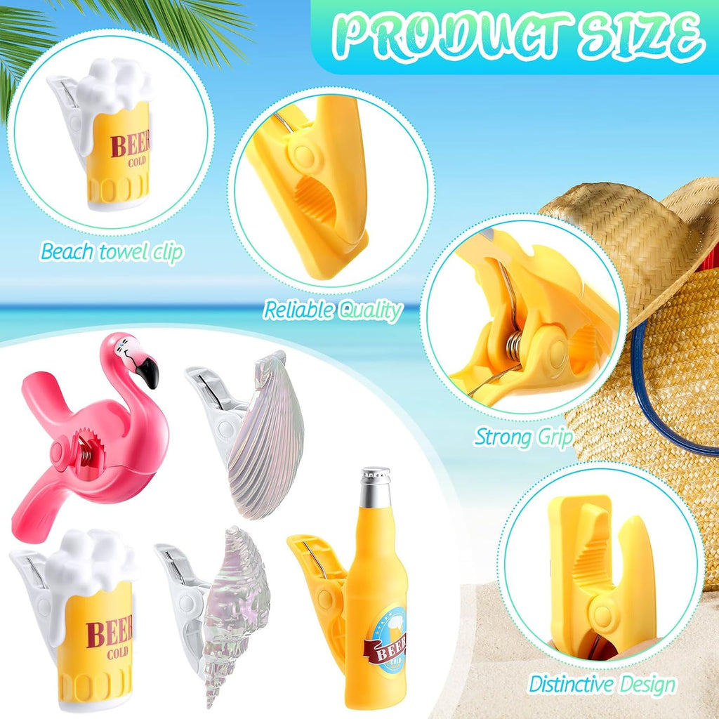 CHENGU 10 Pcs Beach Towel Clips Towel Clips Chair Holders for Beach Chairs Jumbo Size Plastic Clothes Pins Flamingo Parrot Pineapple Watermelon Seashell Ice Cream Beer Mug(Distinctive Style)