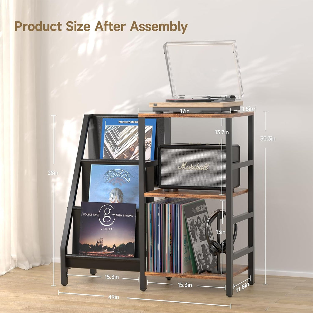 Coco Bird Vinyl Record Player Stand with 3-Tier Storage, Turntable Display Shelf for 200 Albums, Record Storage Table for Living Room, Stylish Holder with Speaker Storage