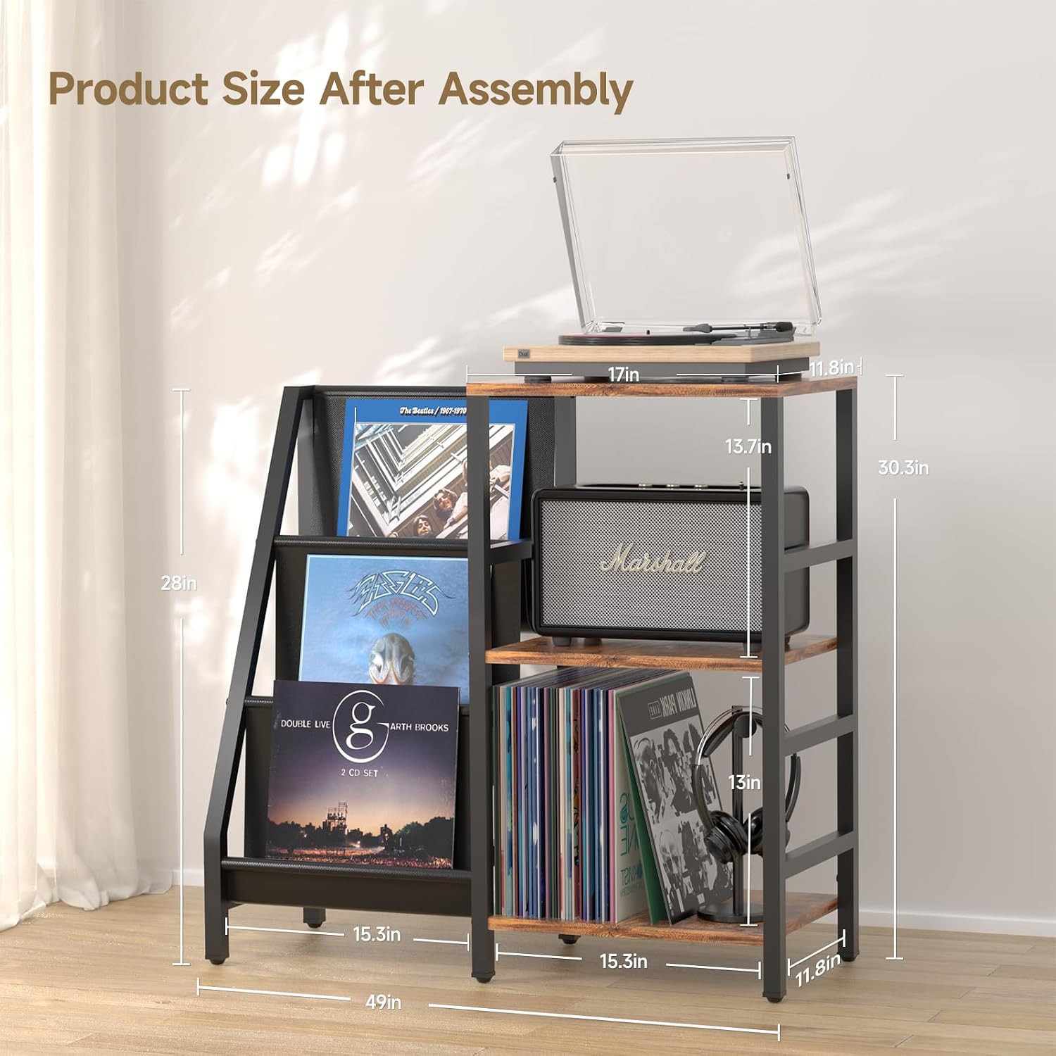 Coco Bird Vinyl Record Player Stand with 3-Tier Storage, Turntable Display Shelf for 200 Albums, Record Storage Table for Living Room, Stylish Holder with Speaker Storage