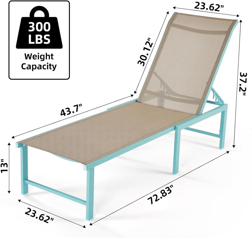Outdoor Lounge Chair, 5-Position Aluminum Chaise Lounge with Wheels & Armrests, 300 lbs Heavy Duty Patio Pool Chair for Deck, Backyard, Beach & Poolside (Blue,1PCS)